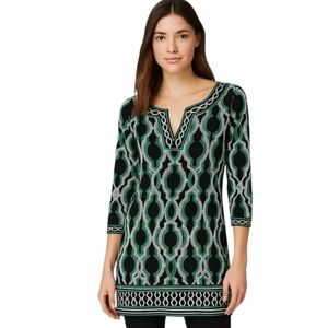 White House Black Market 3/4 Sleeve Black & Green Geometric Print Tunic Size S